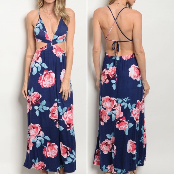 Navy Floral Open back Maxi! - Picture 1 of 6